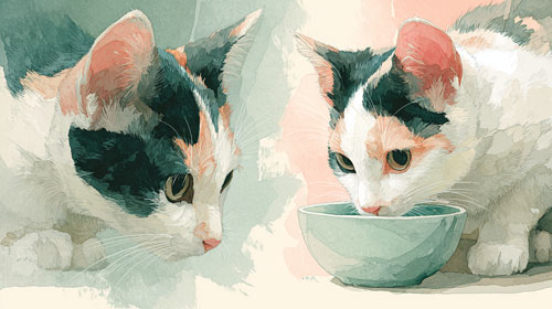 猫のダイエットフードと運動 体重管理する三毛猫 比較イラスト