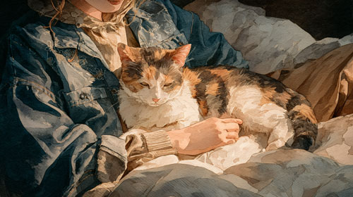 猫とのスキンシップ 膝の上でくつろぐ三毛猫 飼い主に撫でられる猫