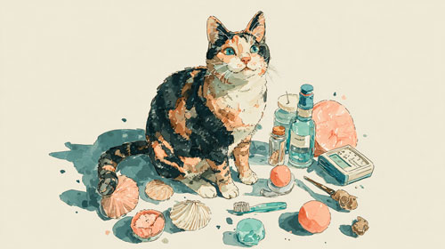 猫の健康管理チェックリスト 口内ケアと体重管理 三毛猫イラスト