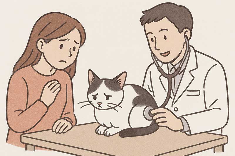 獣医さんに診察されている猫と、心配そうに見守る飼い主のイラスト。猫は少しうずくまっている様子。