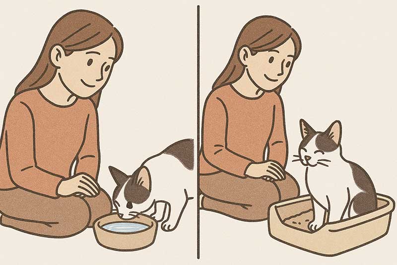 元気に水を飲んだり、リラックスしてトイレを使っている猫の様子。飼い主が優しく見守っている。