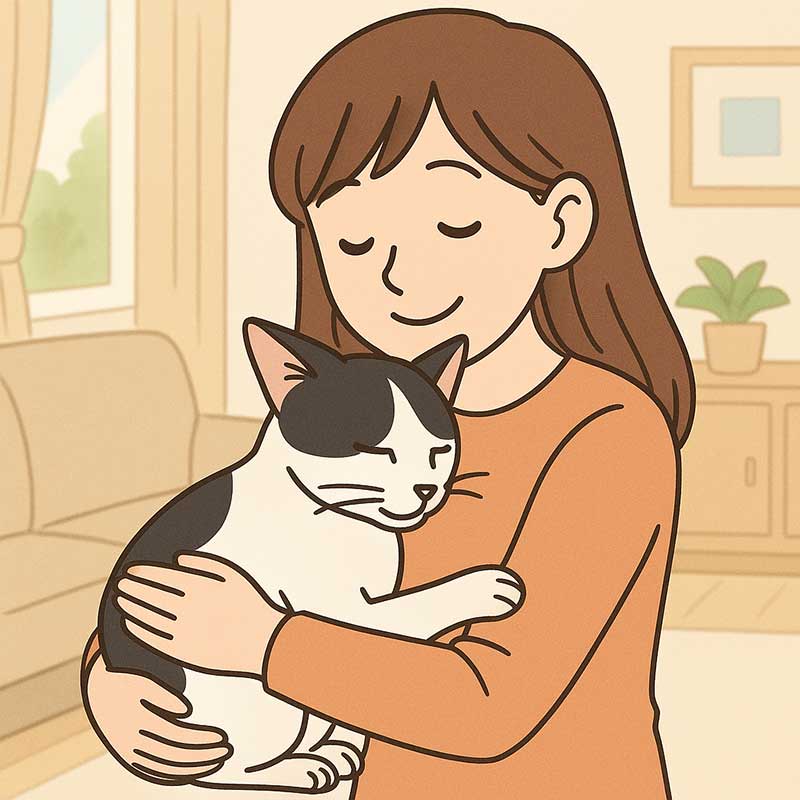 飼い主が猫を優しく抱きしめ、猫がリラックスして寄り添っている様子。背景には明るいリビング。