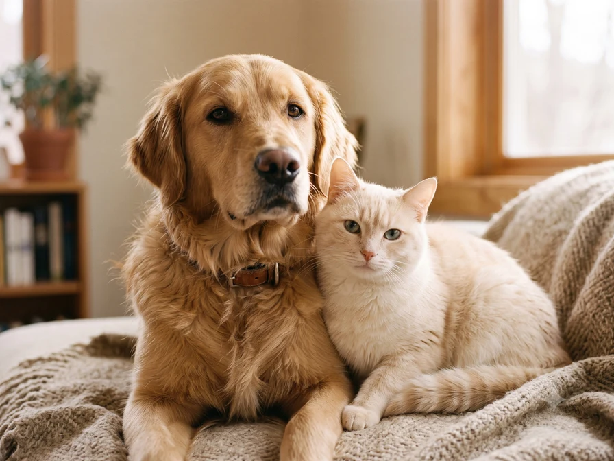 A dog and a cat sitting close together, looking at the camera
